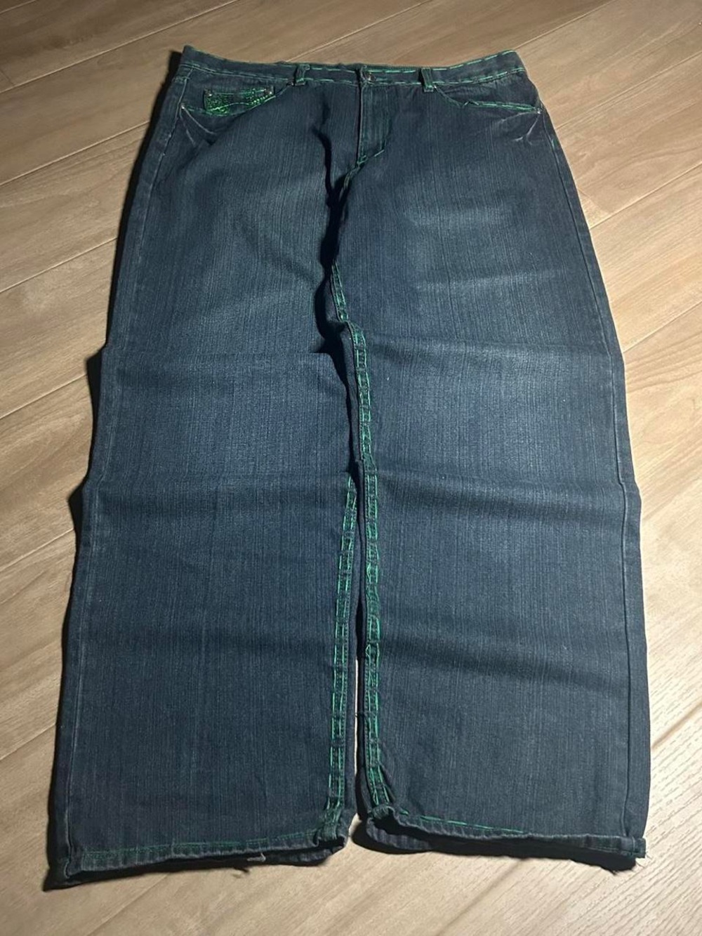 Men's Dark Blue Jeans with Green Stitching